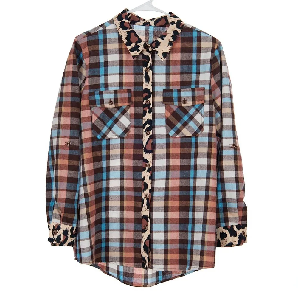 Asvivid Western Leopard Plaid Print Button Front Top Women's Size Large - Picture 2 of 7